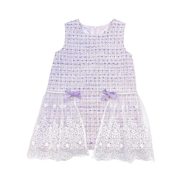 Purple Bowtie Lace Trim Tweed Dress