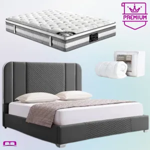 Queen Premium Package | Bedzy Luxe Halcyon Bed Frame Black, Plush Premium Euro Top Pocket Spring Mattress (Medium Firm) & Bamboo Mattress Topper!