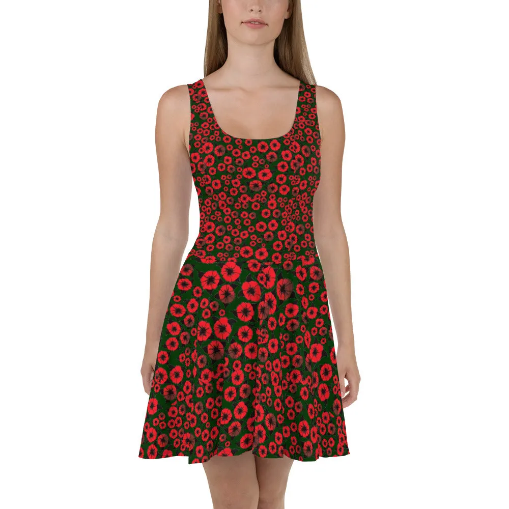 Red Flowers Burst designer Skater Dress by John A. Conroy