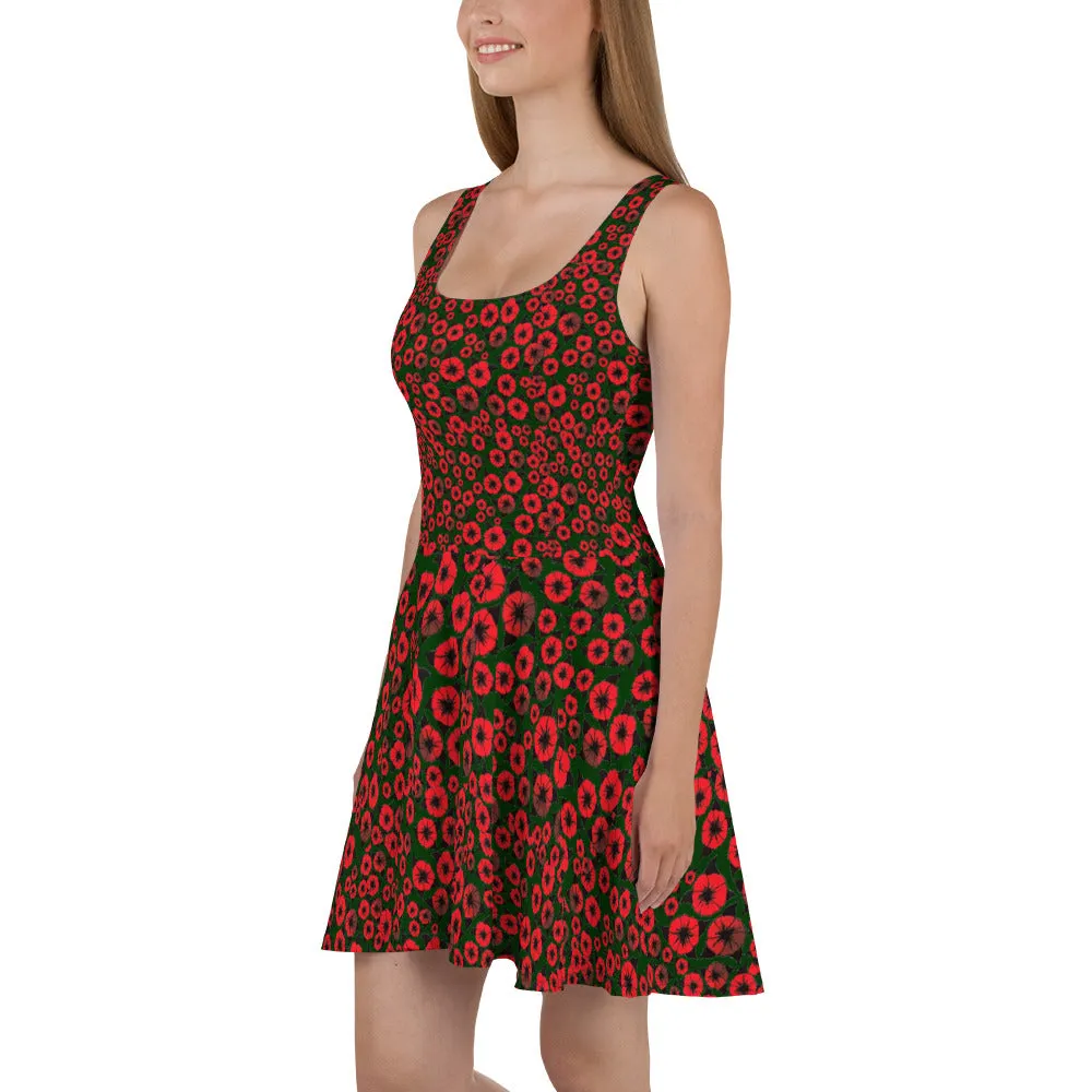 Red Flowers Burst designer Skater Dress by John A. Conroy