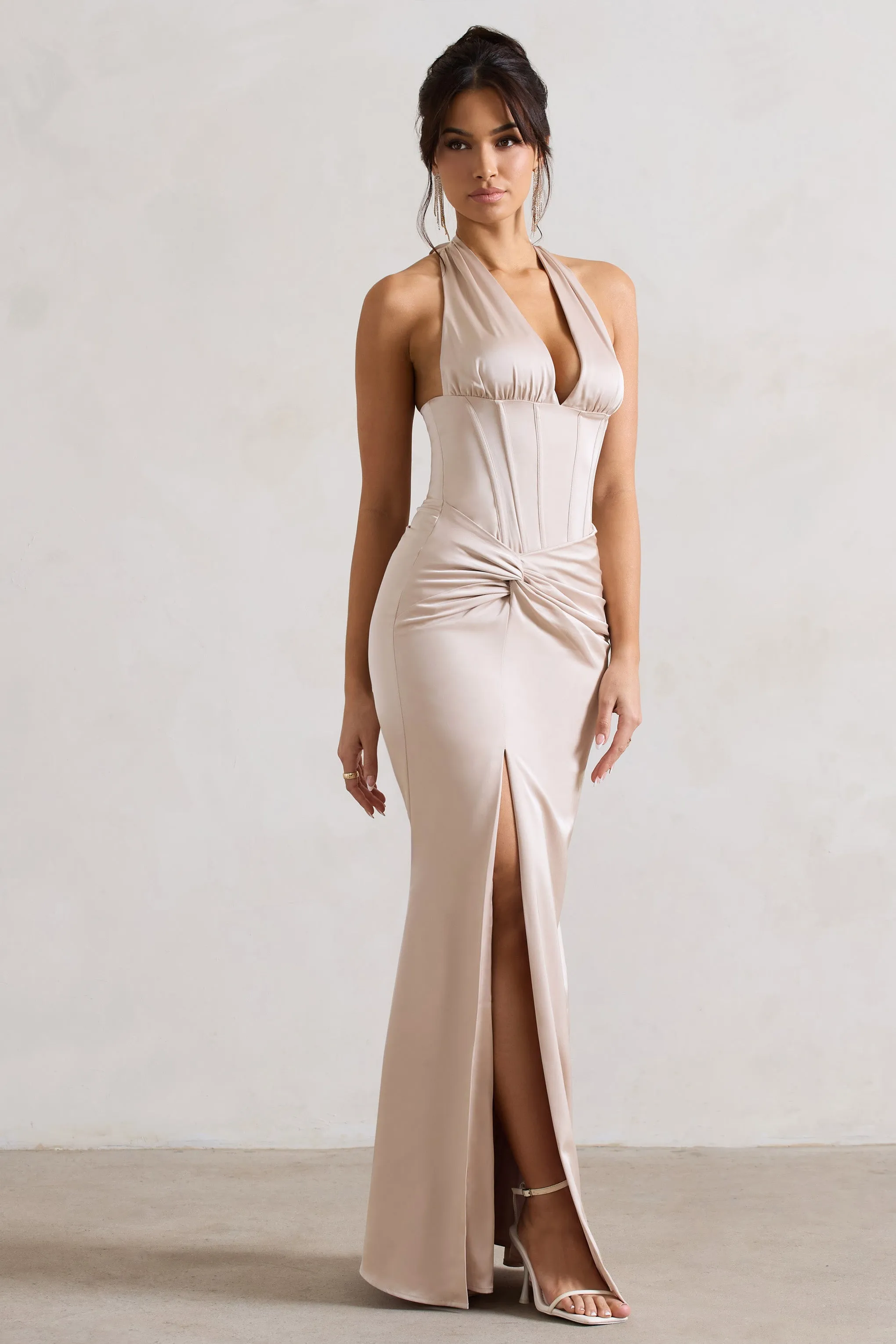 Sacha | Champagne Satin Corset Style Maxi Dress With Wrap Skirt