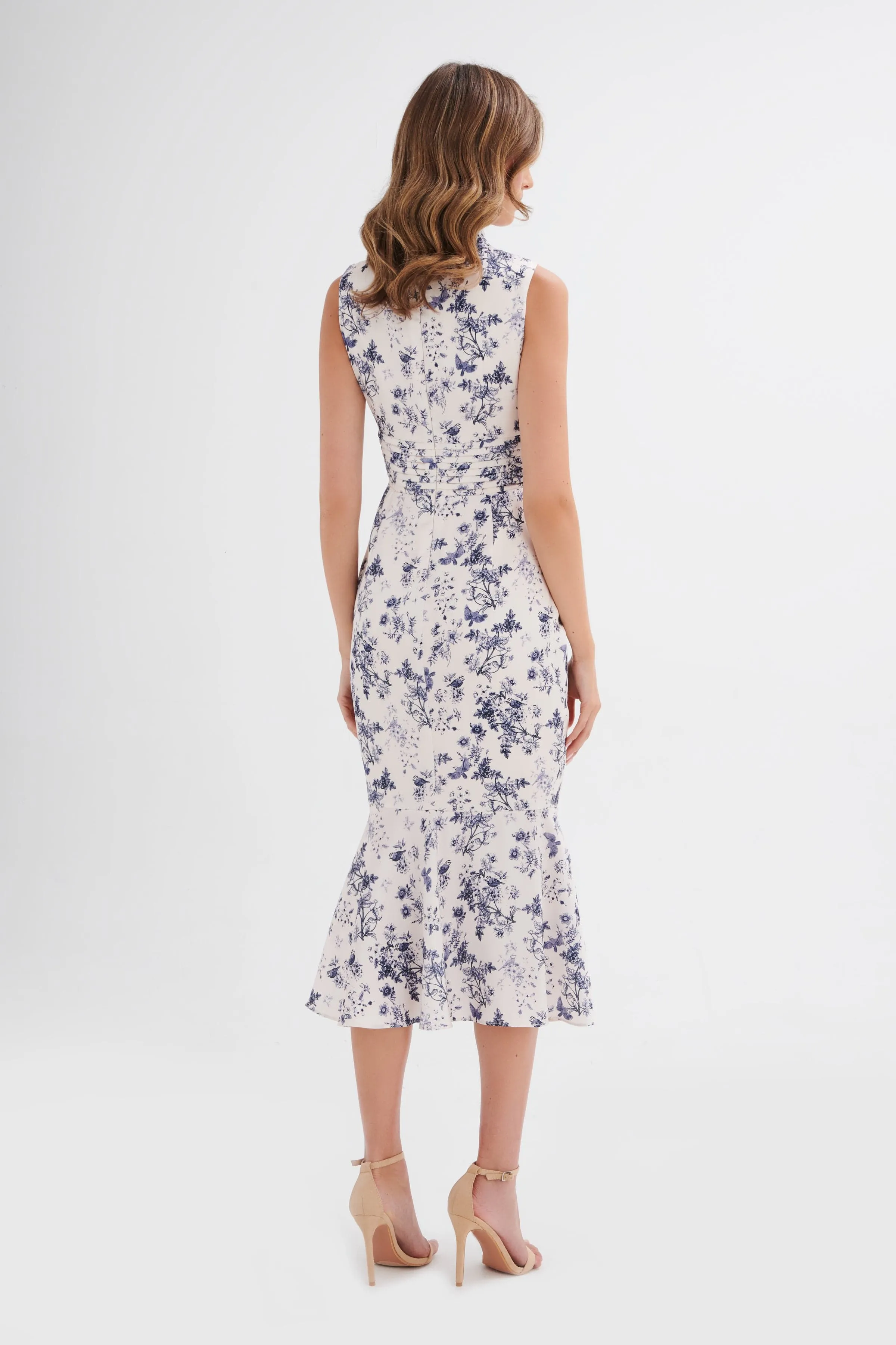 SAFFRON High Neck Satin Midi Dress in Navy Porcelain Print