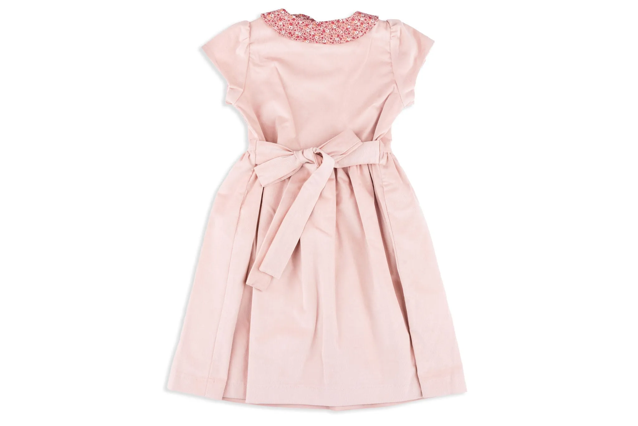 Sarah Pink Scallop Corduroy Dress with Ditsy Red Floral Collar