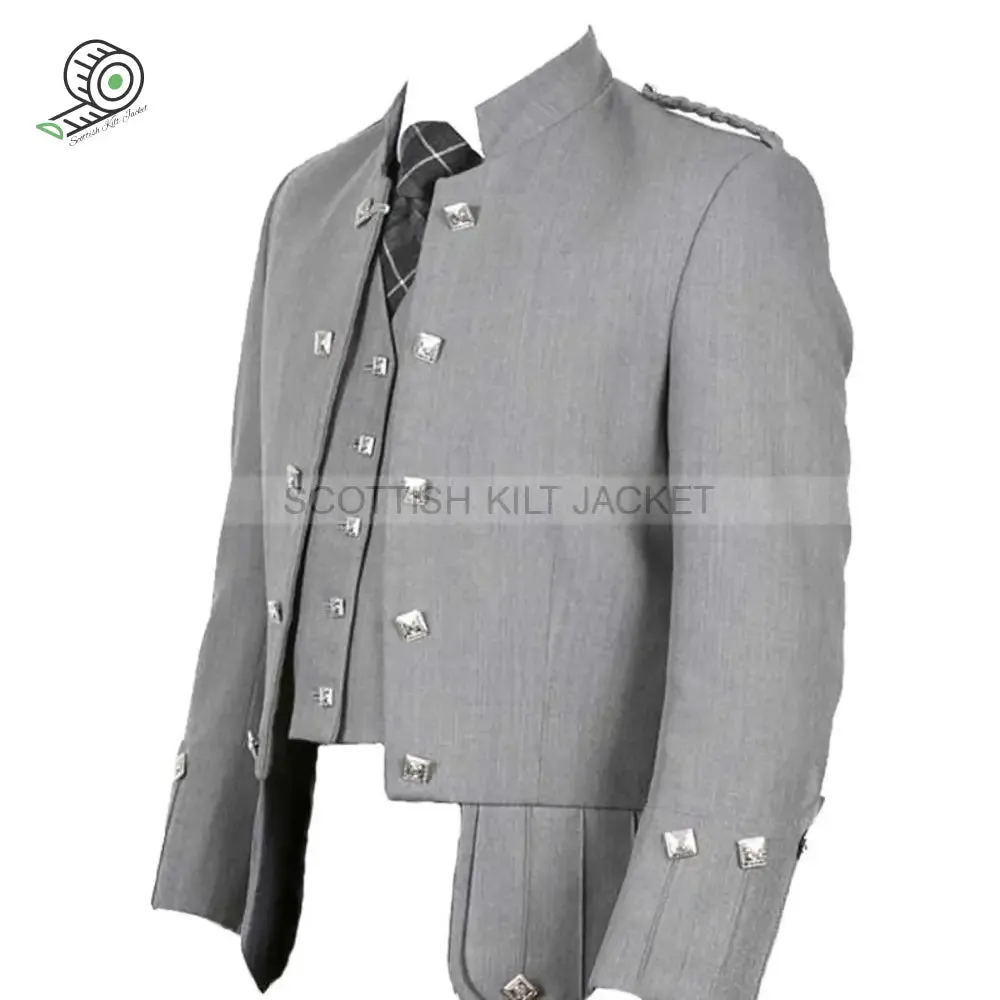 Scottish Doublet  Sheriffmuir Kilt Jacket with 5 Button Waistcoat In Grey