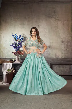 Sea Green Art Silk Thread With Sequins Embroidered Crop-Top Skirt