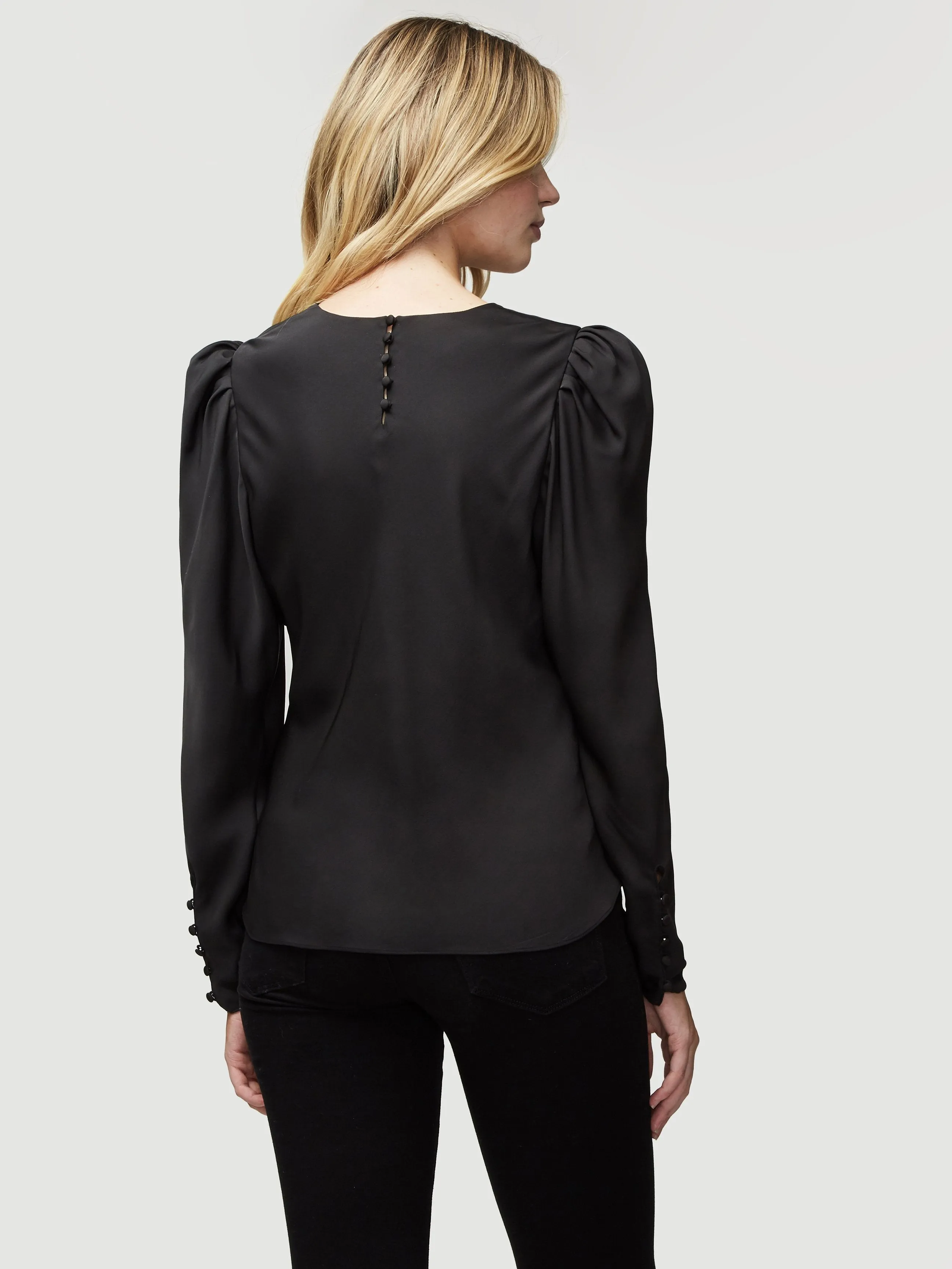 Silk Shirred V Neck Top -- Noir