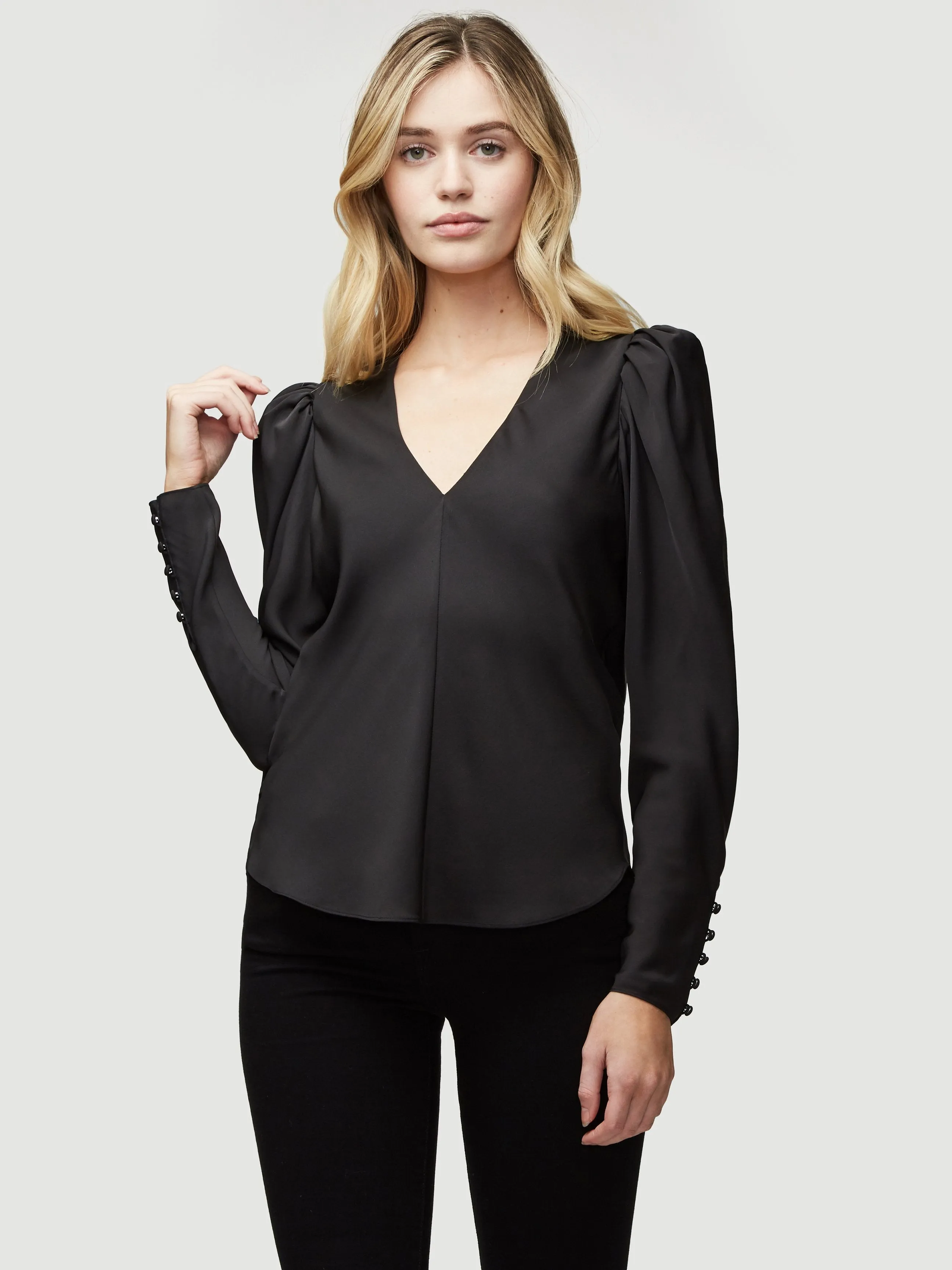 Silk Shirred V Neck Top -- Noir