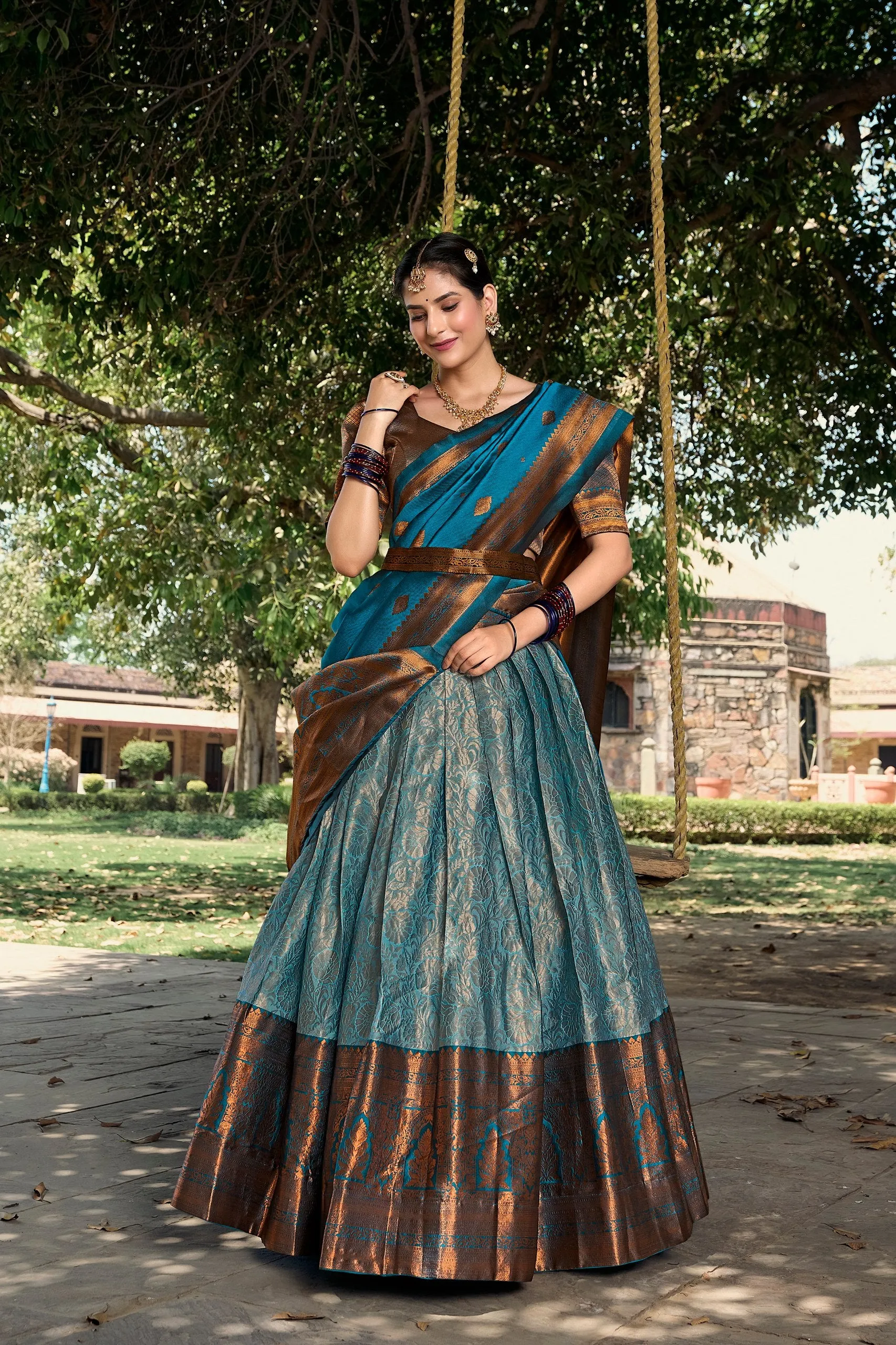 Sky Blue Jacquard Silk Pattu Lehenga Choli with Zari Weaving