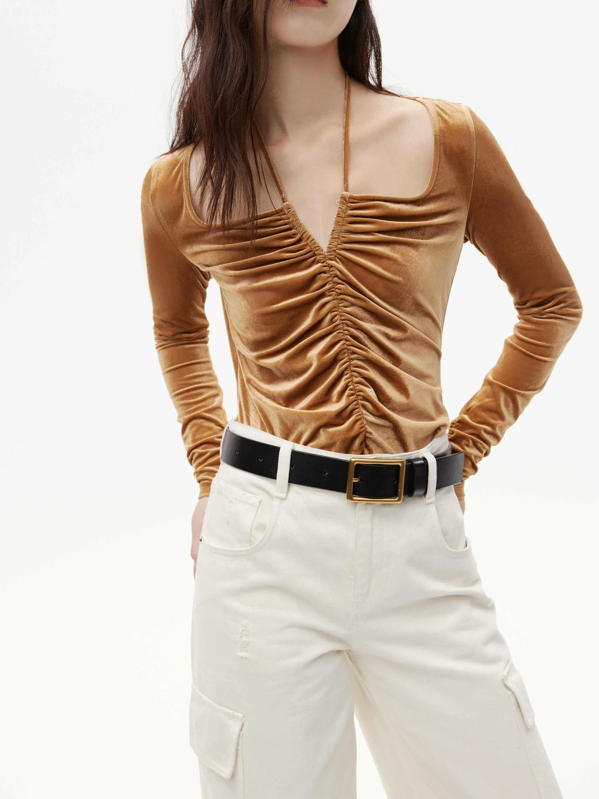 Square Collar Pleated Top