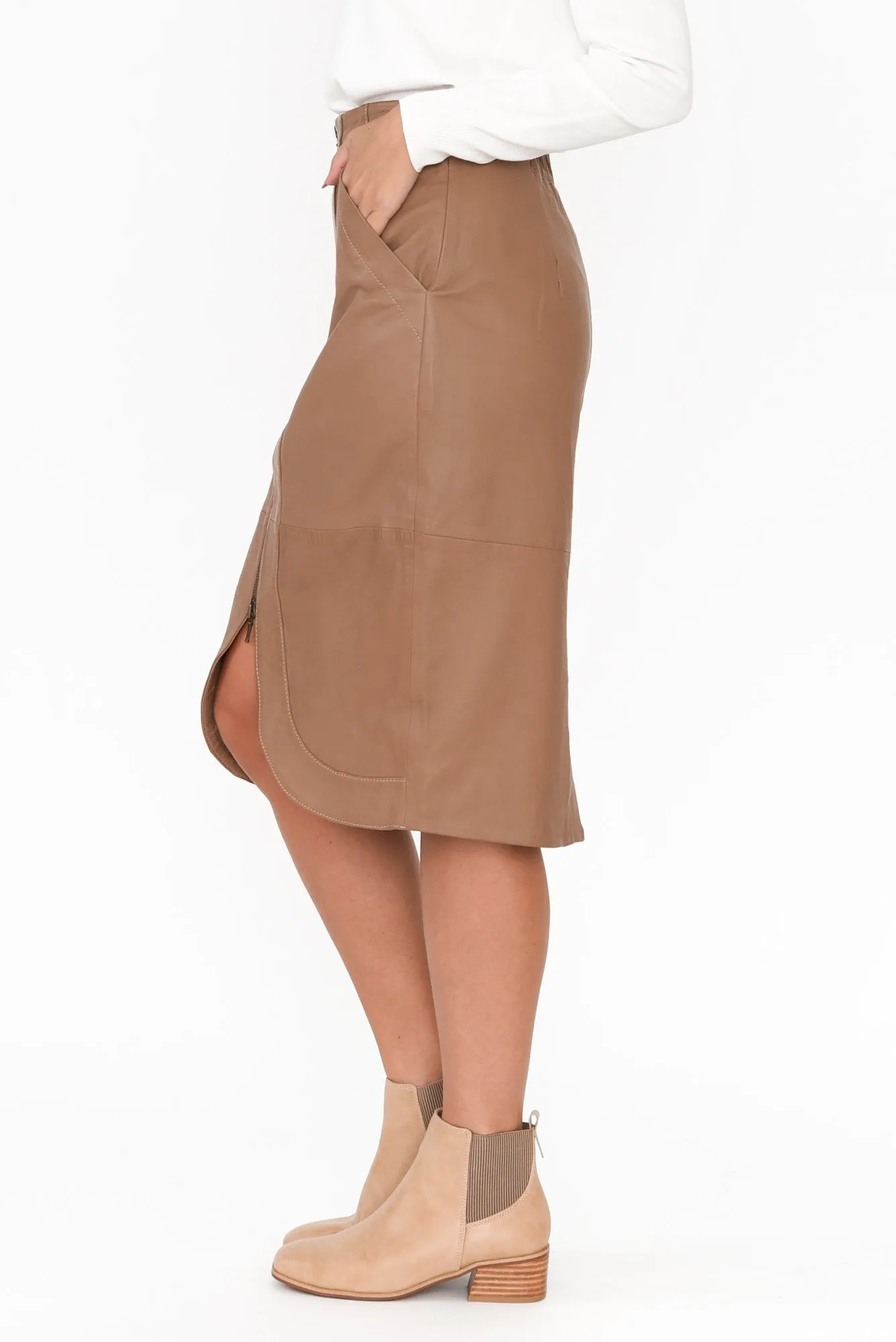 Stella Brown Leather Curved Hem Skirt