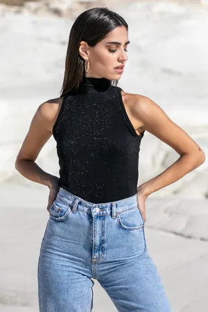 Sun Sea & Roses – Calypso High Neck Glitter Top Black