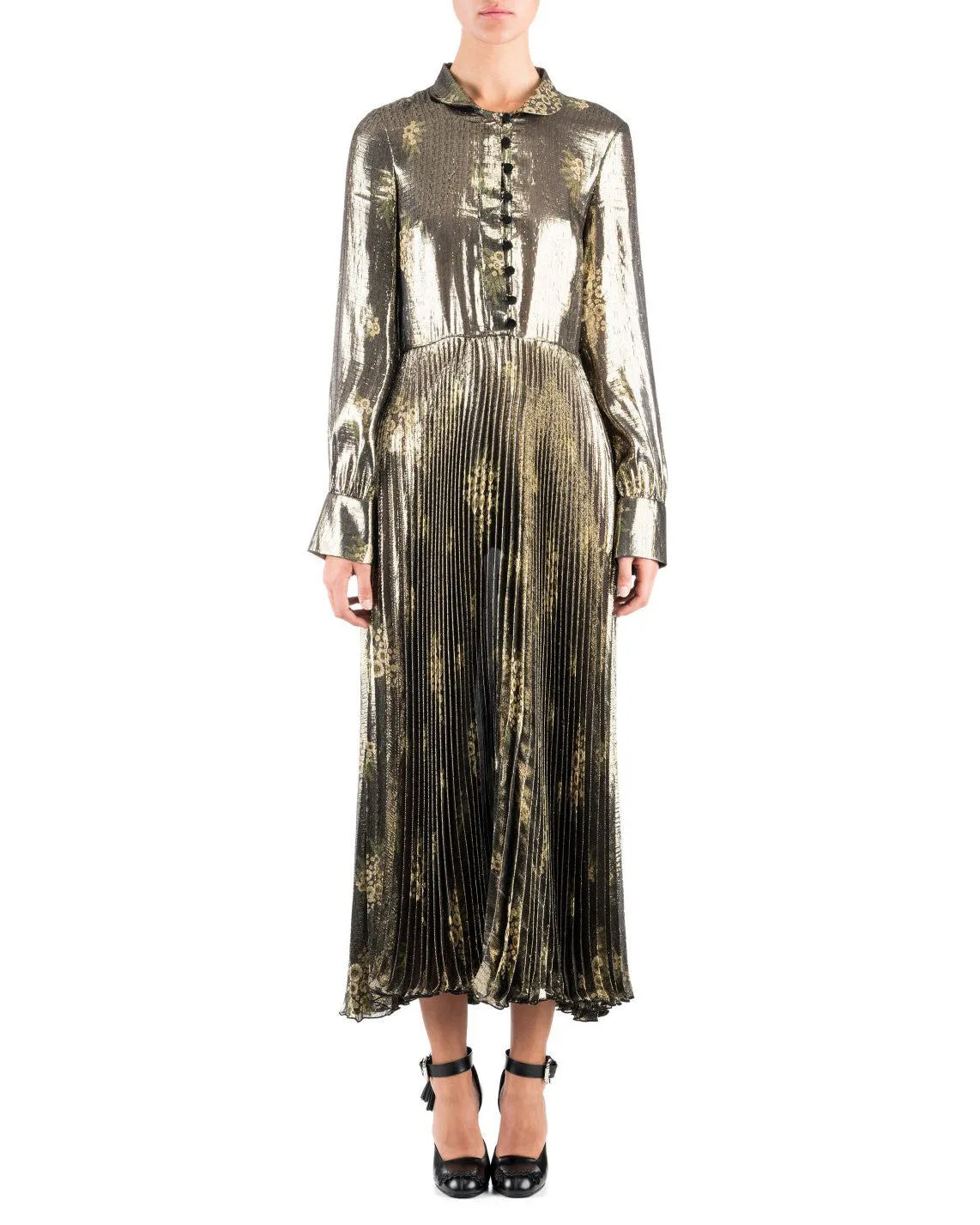 Suno Olive Metallic Long Sleeve Pleated Dress - FINAL SALE