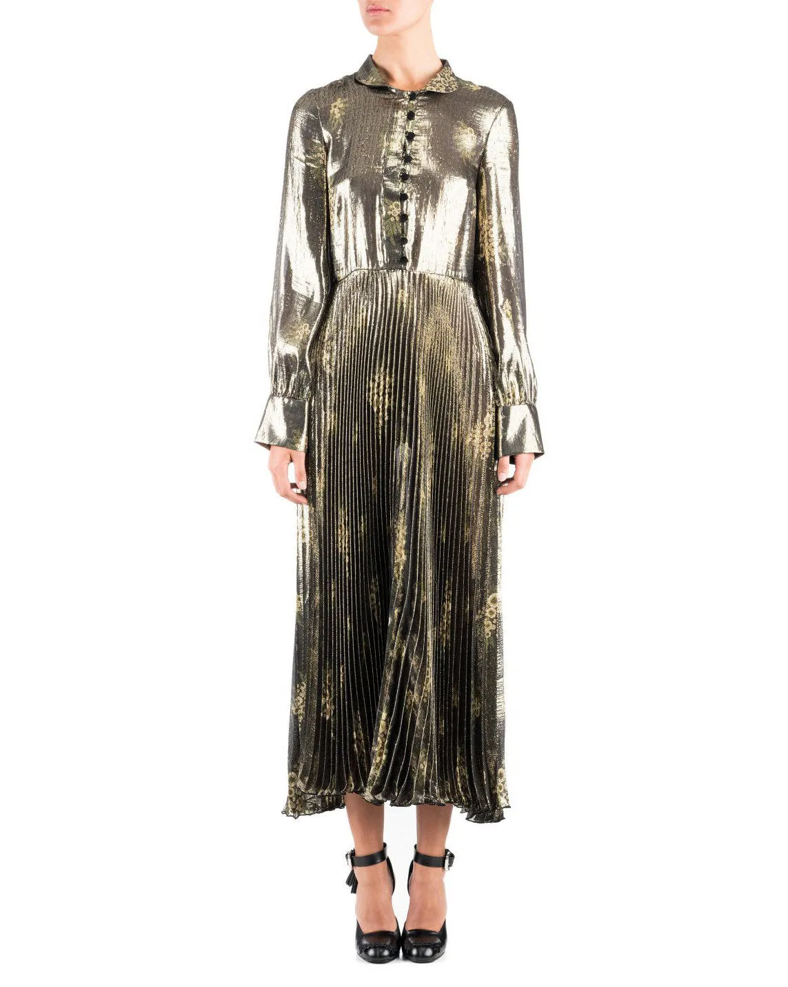 Suno Olive Metallic Long Sleeve Pleated Dress - FINAL SALE