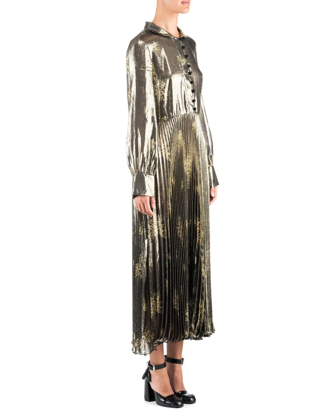 Suno Olive Metallic Long Sleeve Pleated Dress - FINAL SALE