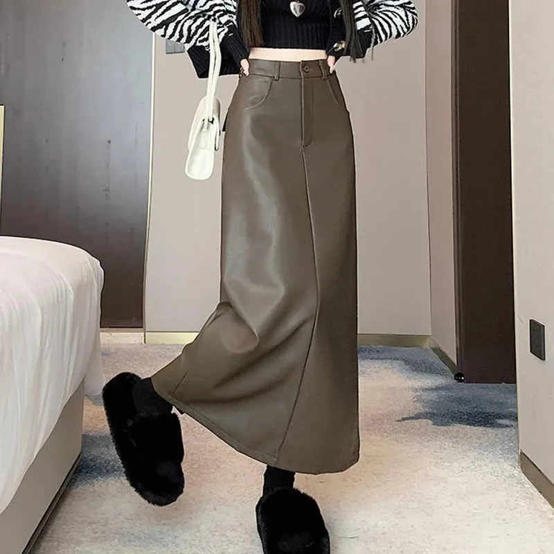 Toleet-Vintage Coffee Black Long Skirt for Women Casual Back Split Pu Leather Skirts Ladies 2024 Autumn Winter High Waist A-Line Skirt