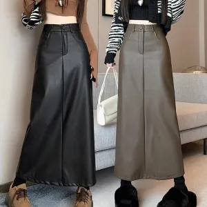 Toleet-Vintage Coffee Black Long Skirt for Women Casual Back Split Pu Leather Skirts Ladies 2024 Autumn Winter High Waist A-Line Skirt