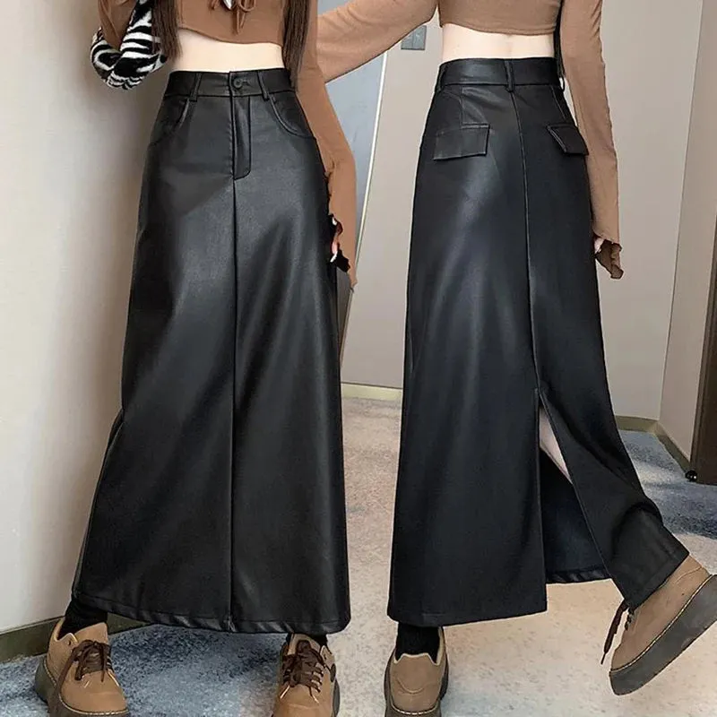 Toleet-Vintage Coffee Black Long Skirt for Women Casual Back Split Pu Leather Skirts Ladies 2024 Autumn Winter High Waist A-Line Skirt