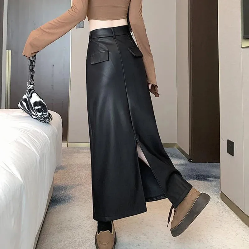 Toleet-Vintage Coffee Black Long Skirt for Women Casual Back Split Pu Leather Skirts Ladies 2024 Autumn Winter High Waist A-Line Skirt