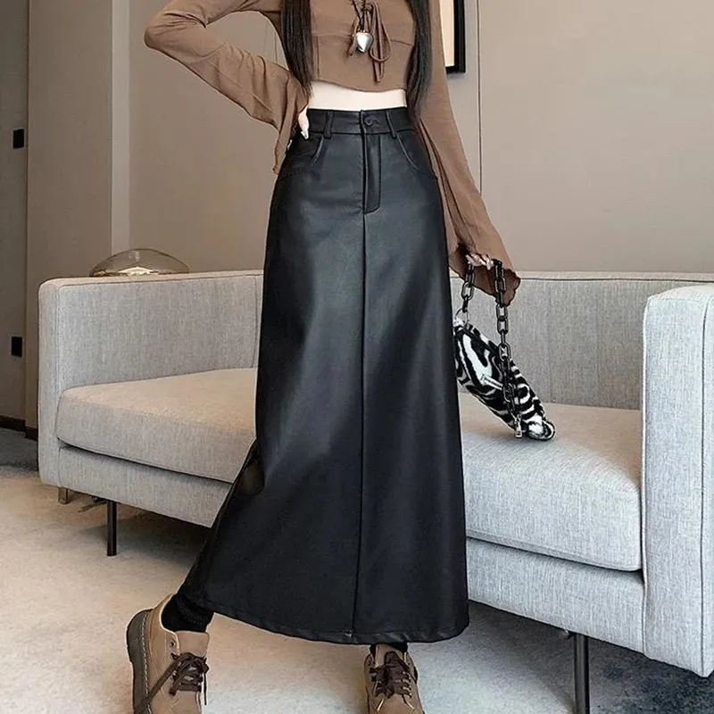 Toleet-Vintage Coffee Black Long Skirt for Women Casual Back Split Pu Leather Skirts Ladies 2024 Autumn Winter High Waist A-Line Skirt