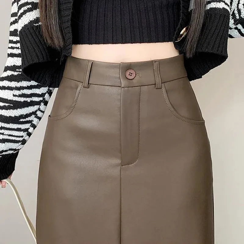 Toleet-Vintage Coffee Black Long Skirt for Women Casual Back Split Pu Leather Skirts Ladies 2024 Autumn Winter High Waist A-Line Skirt