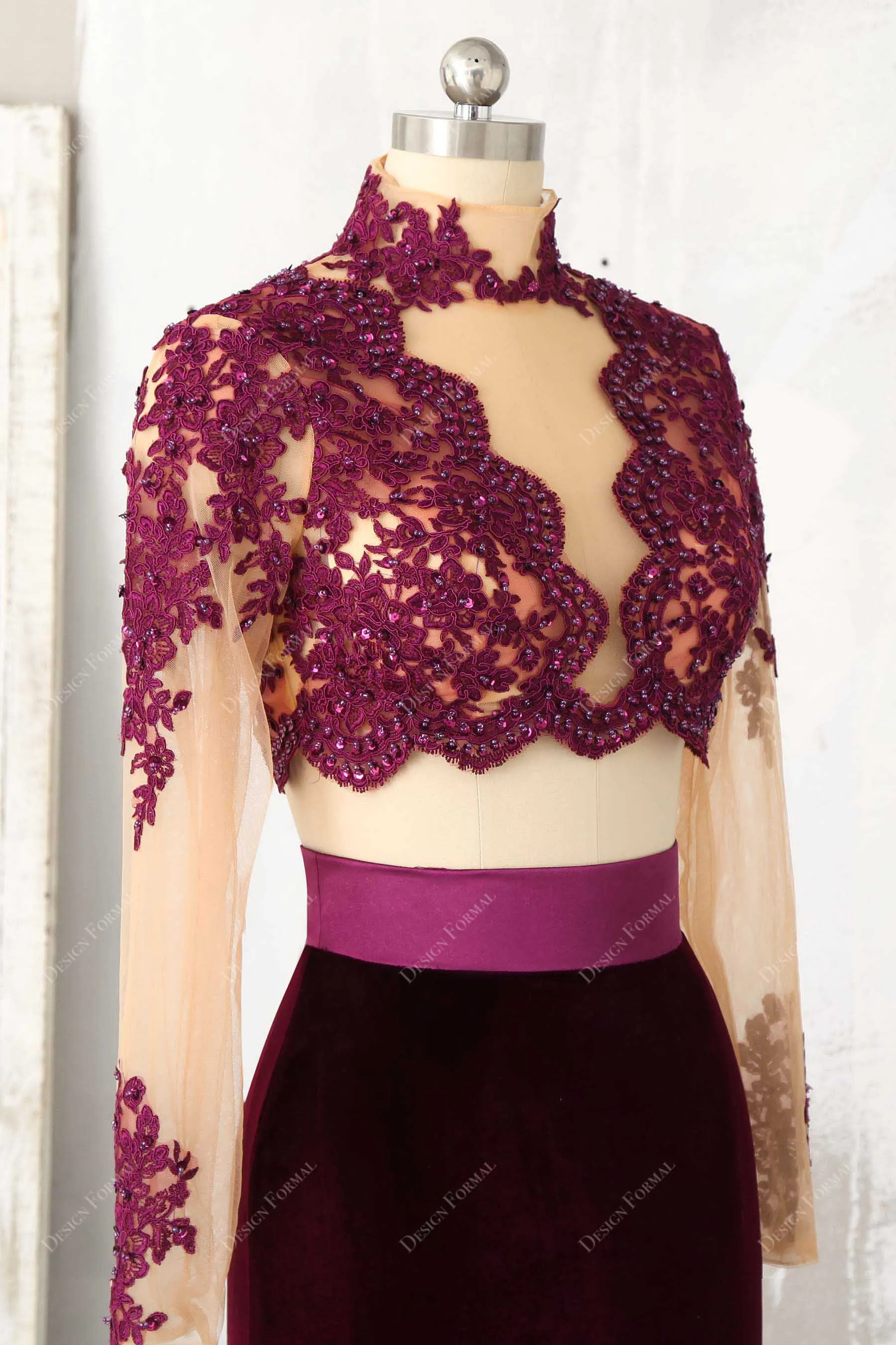 Two Piece Plum Lace Velvet Mermaid Prom Dress Sexy Sheer Crop Top