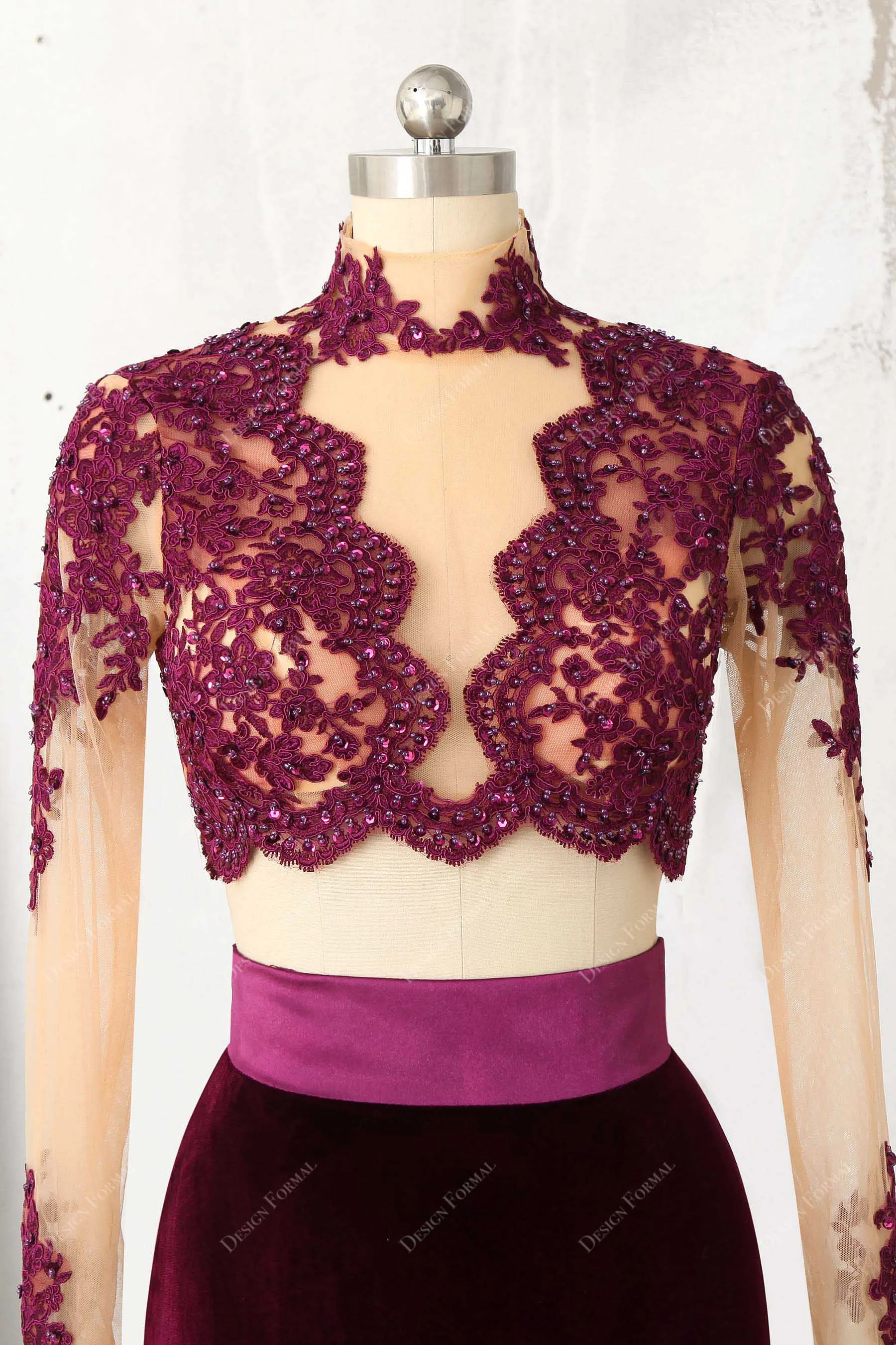 Two Piece Plum Lace Velvet Mermaid Prom Dress Sexy Sheer Crop Top