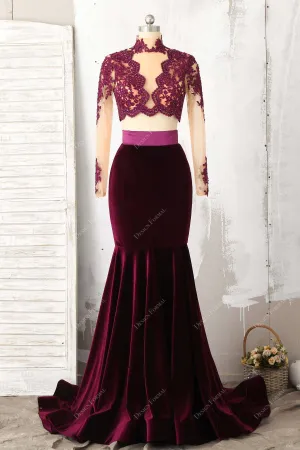 Two Piece Plum Lace Velvet Mermaid Prom Dress Sexy Sheer Crop Top