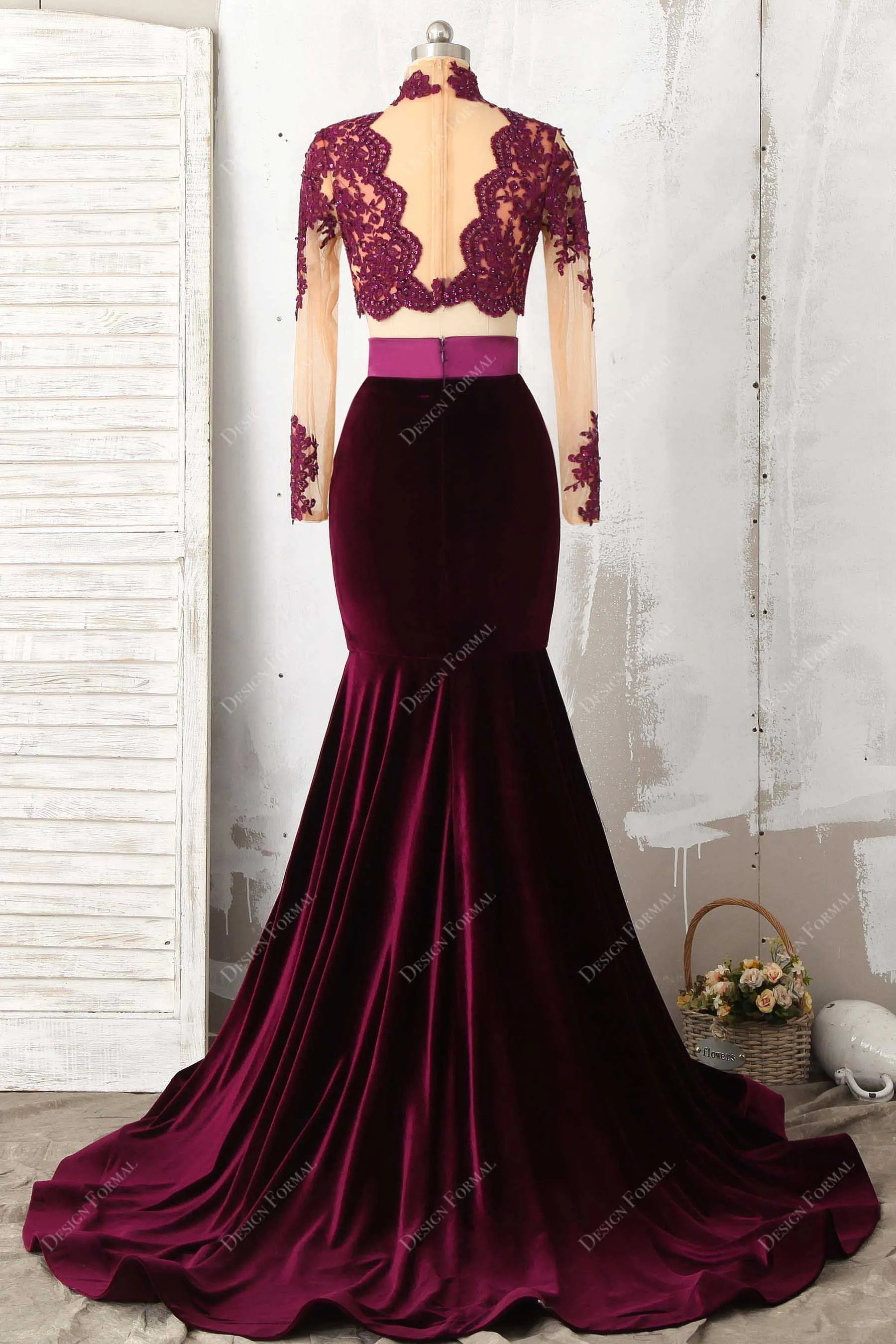 Two Piece Plum Lace Velvet Mermaid Prom Dress Sexy Sheer Crop Top