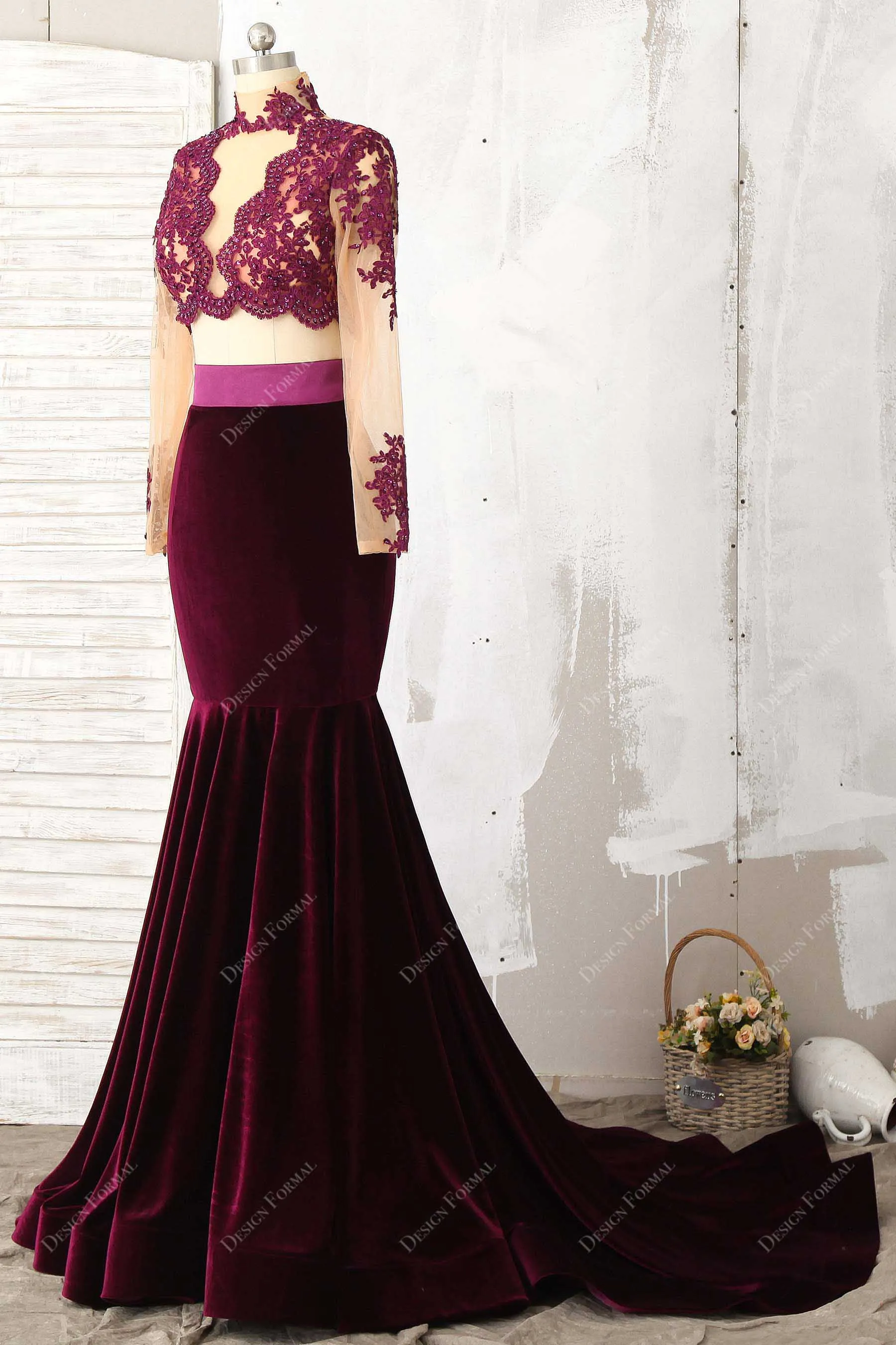 Two Piece Plum Lace Velvet Mermaid Prom Dress Sexy Sheer Crop Top