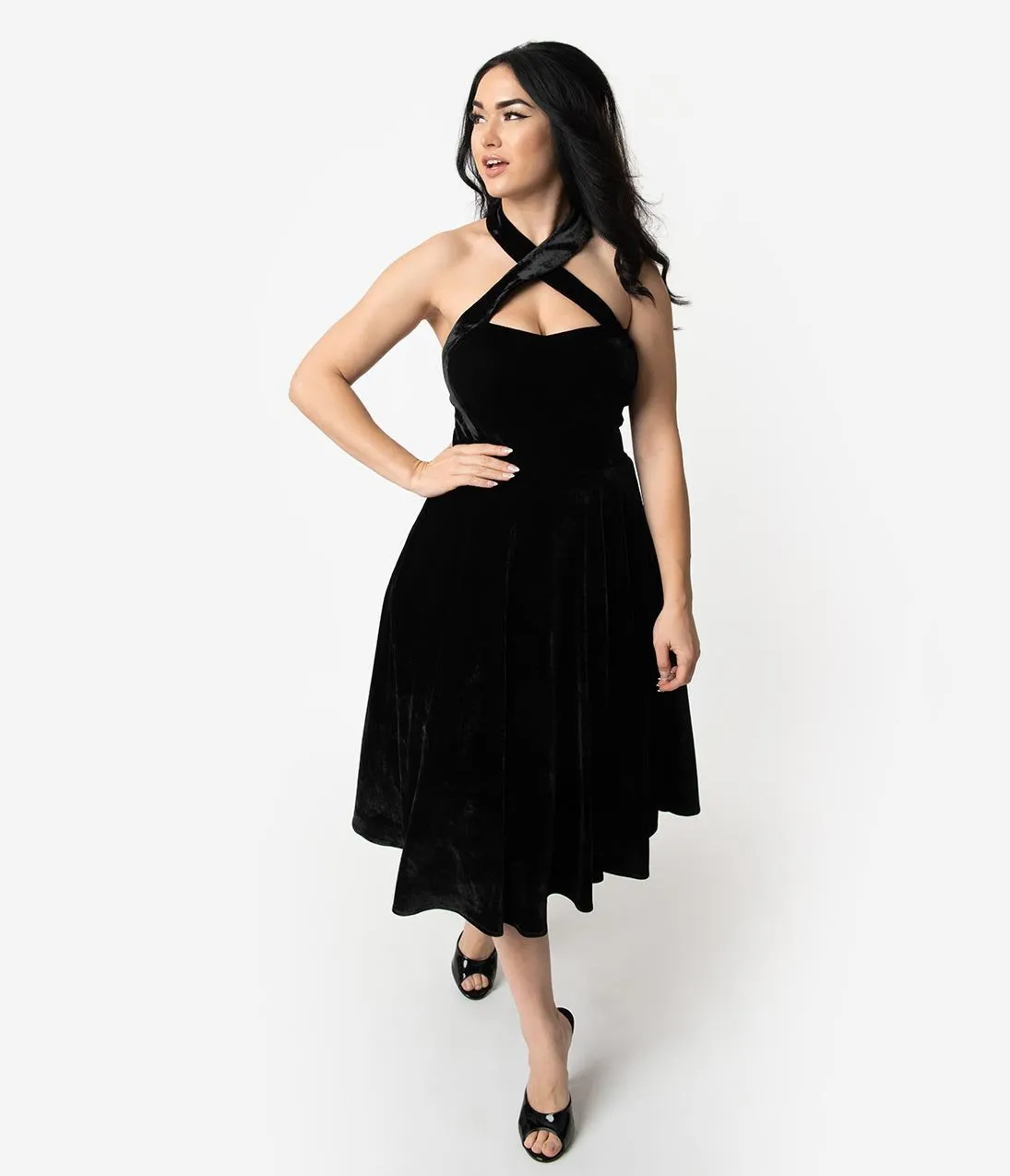 Unique Vintage 1950s Style Black Velvet Rita Halter Flare Dress