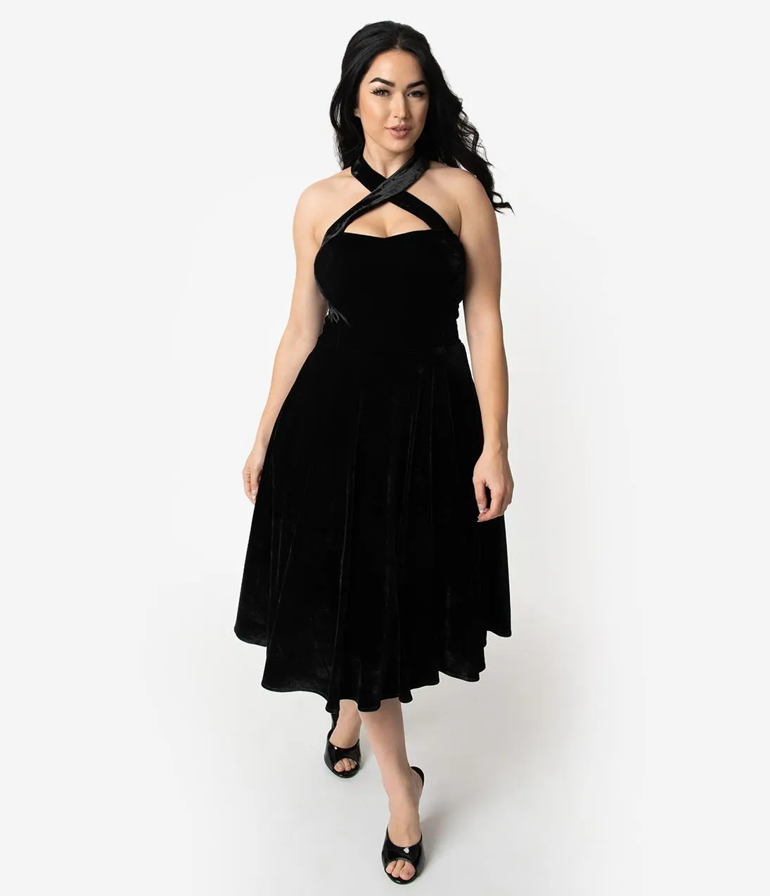 Unique Vintage 1950s Style Black Velvet Rita Halter Flare Dress