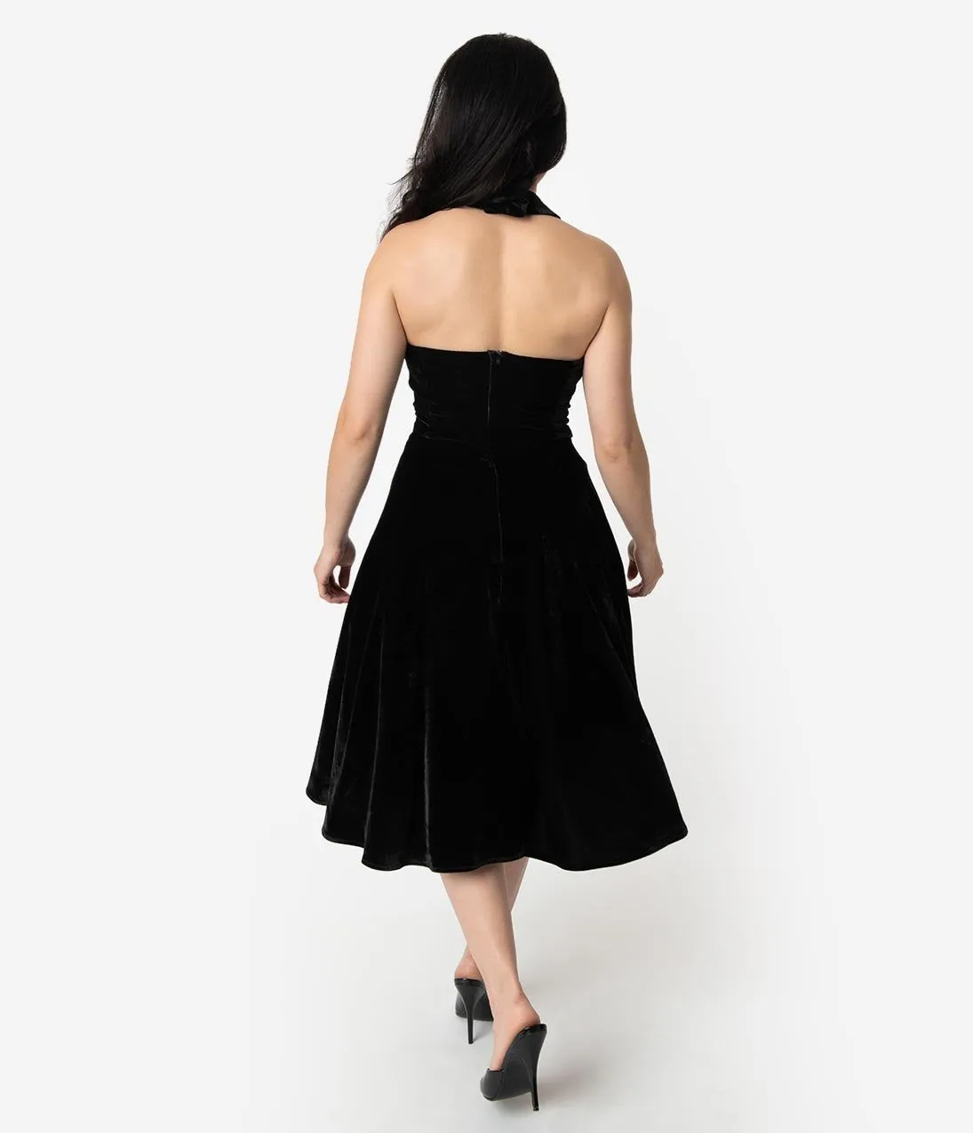 Unique Vintage 1950s Style Black Velvet Rita Halter Flare Dress