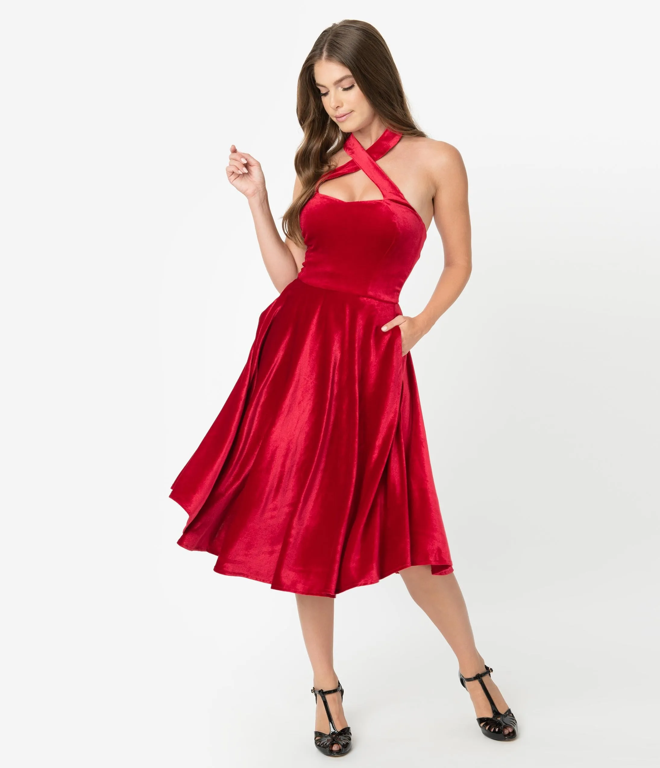 Unique Vintage 1950s Style Red Velvet Rita Halter Flare Dress