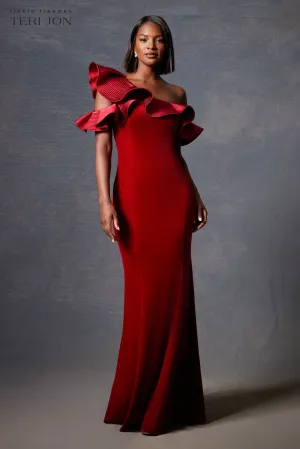 Velvet Trapunto Ruffle Asymmetrical Gown