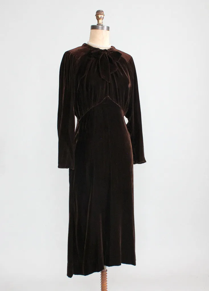 Vintage 1930s Brown Velvet  Afternoon Dress