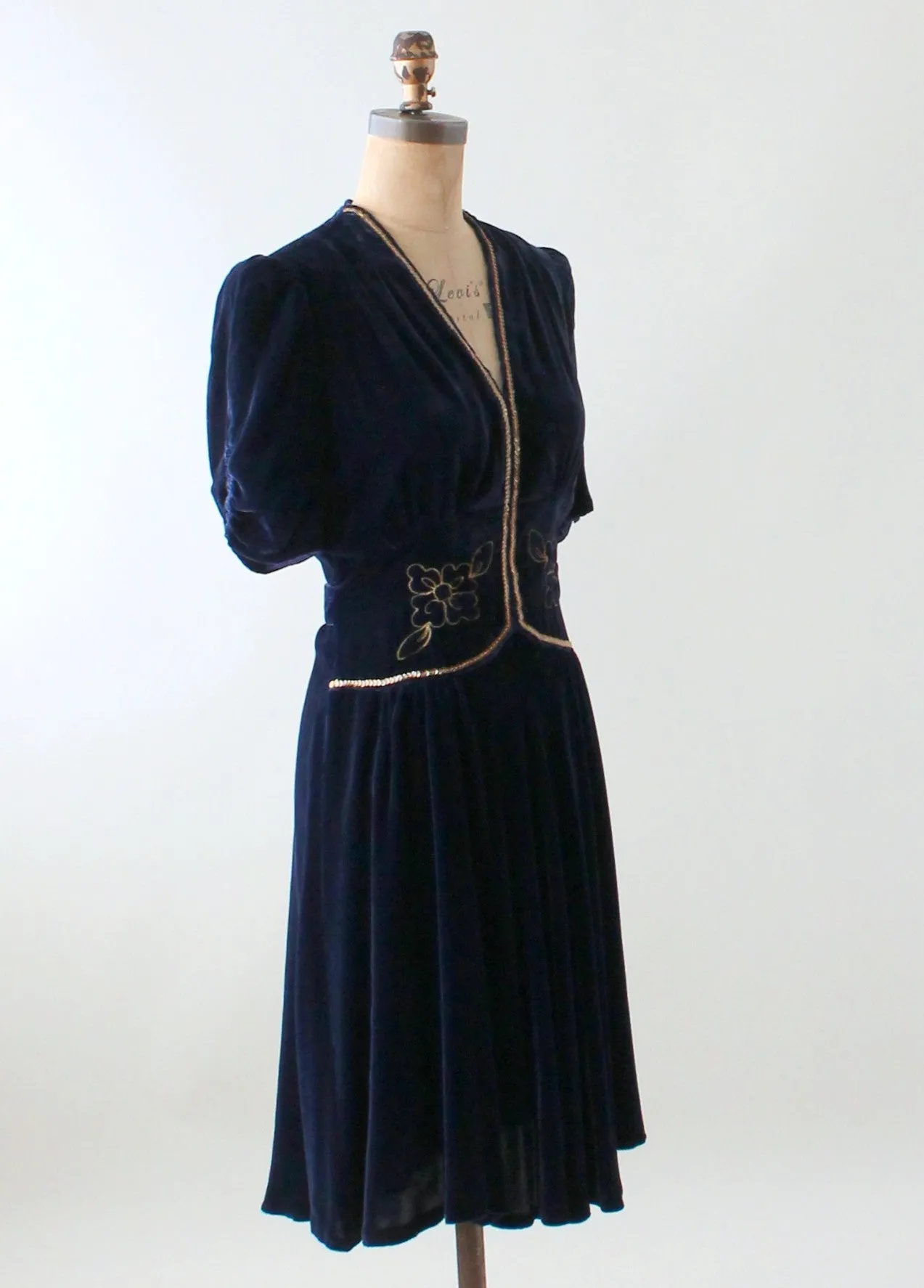 Vintage Early 1940s Embellished Blue Velvet Party Dress