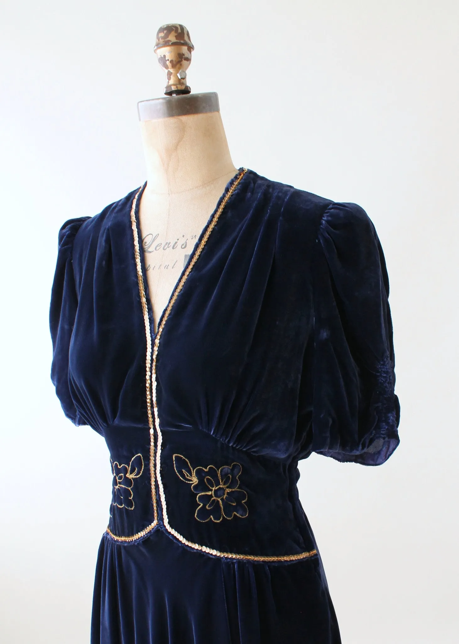 Vintage Early 1940s Embellished Blue Velvet Party Dress