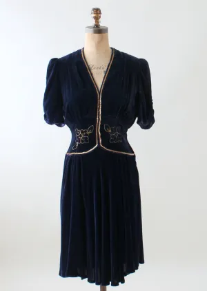 Vintage Early 1940s Embellished Blue Velvet Party Dress