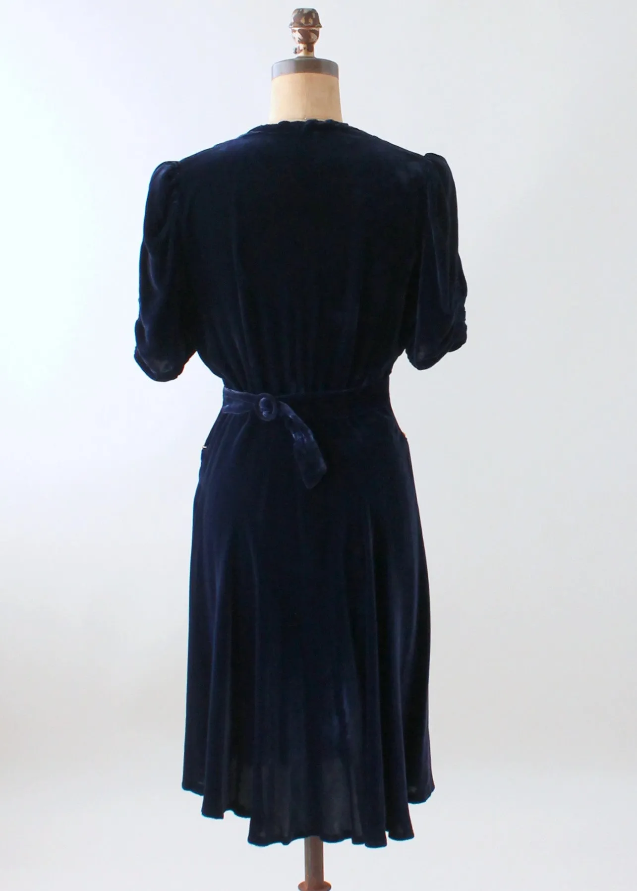 Vintage Early 1940s Embellished Blue Velvet Party Dress