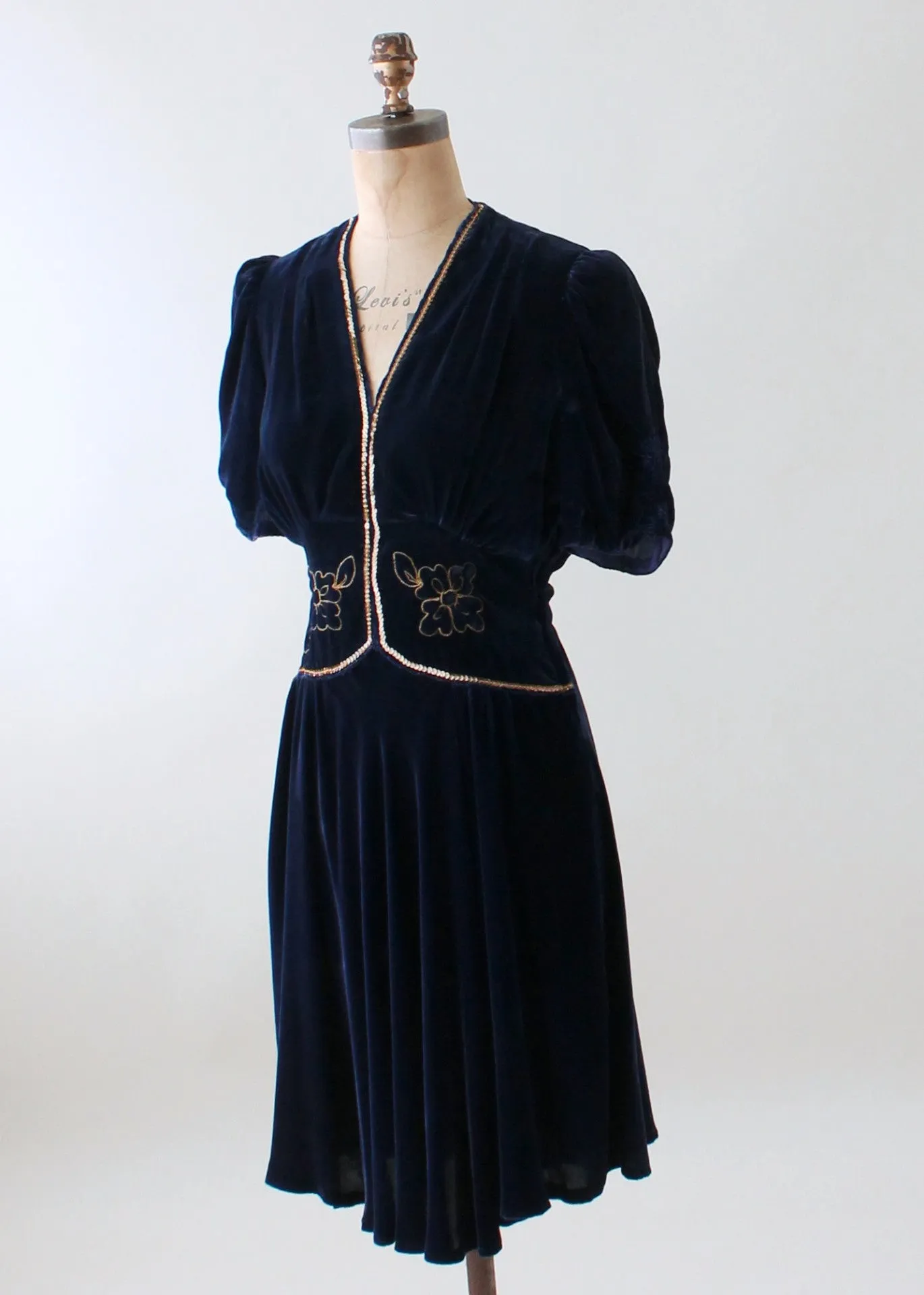 Vintage Early 1940s Embellished Blue Velvet Party Dress