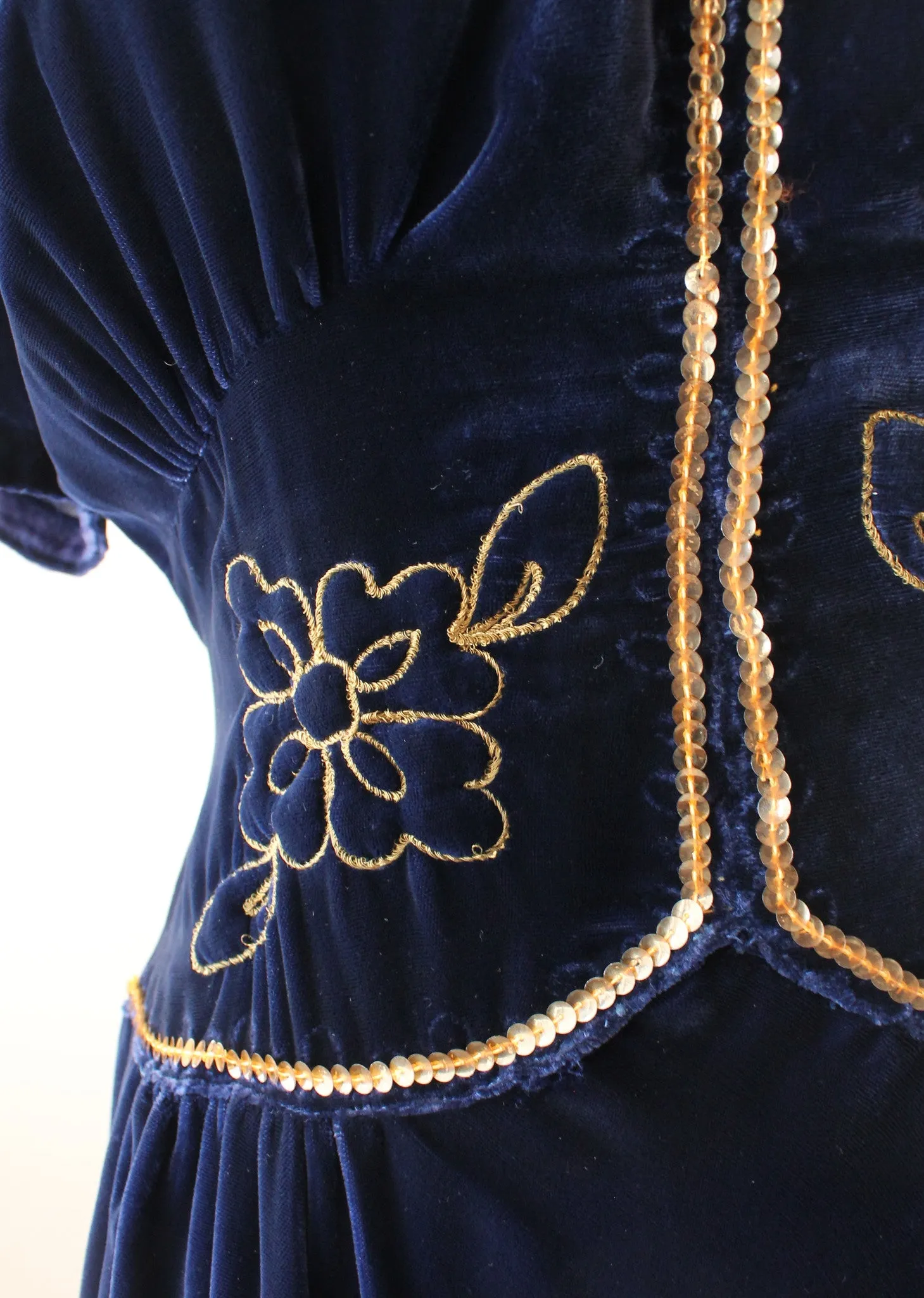 Vintage Early 1940s Embellished Blue Velvet Party Dress