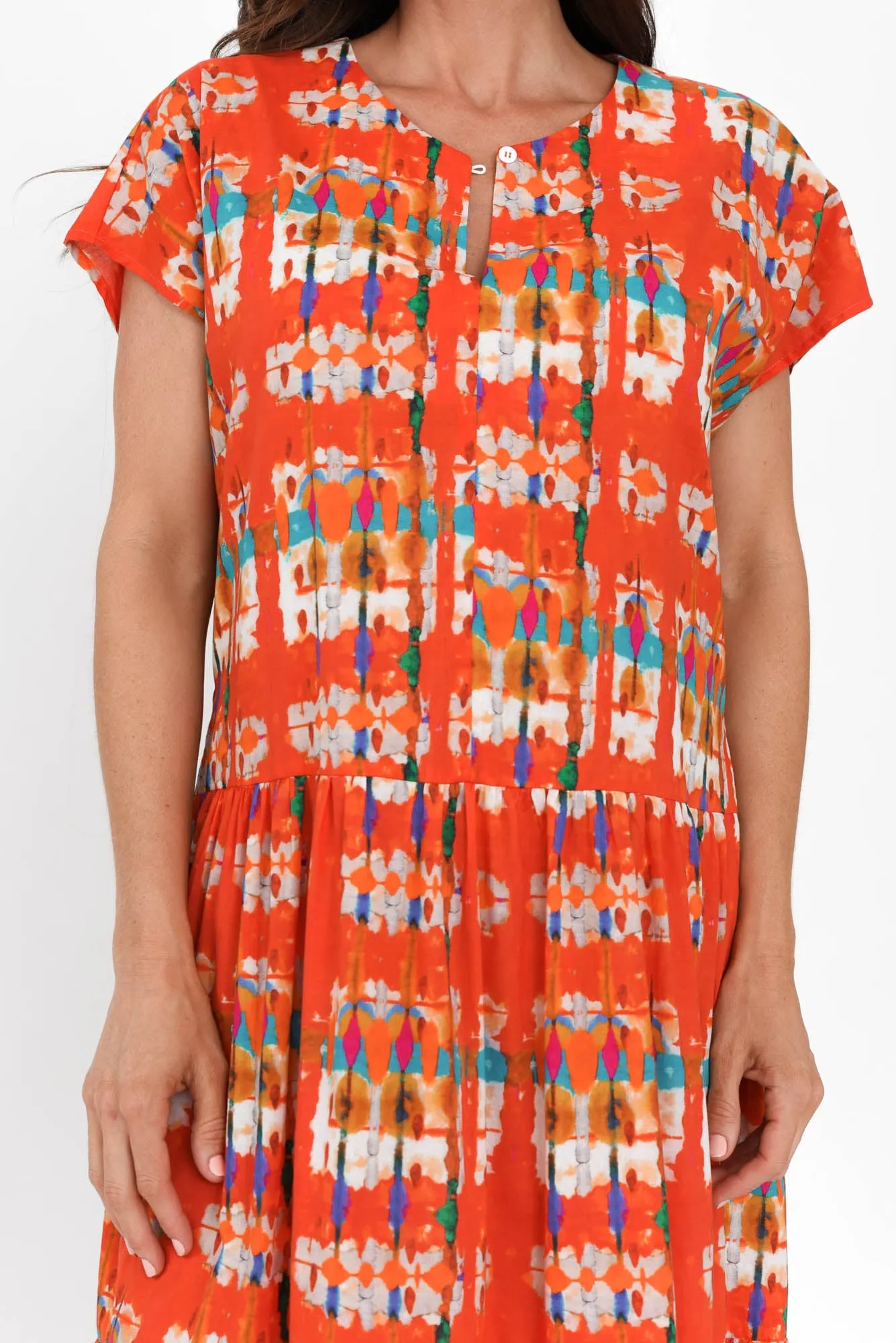 Zaphyra Orange Abstract Crinkle Cotton Dress