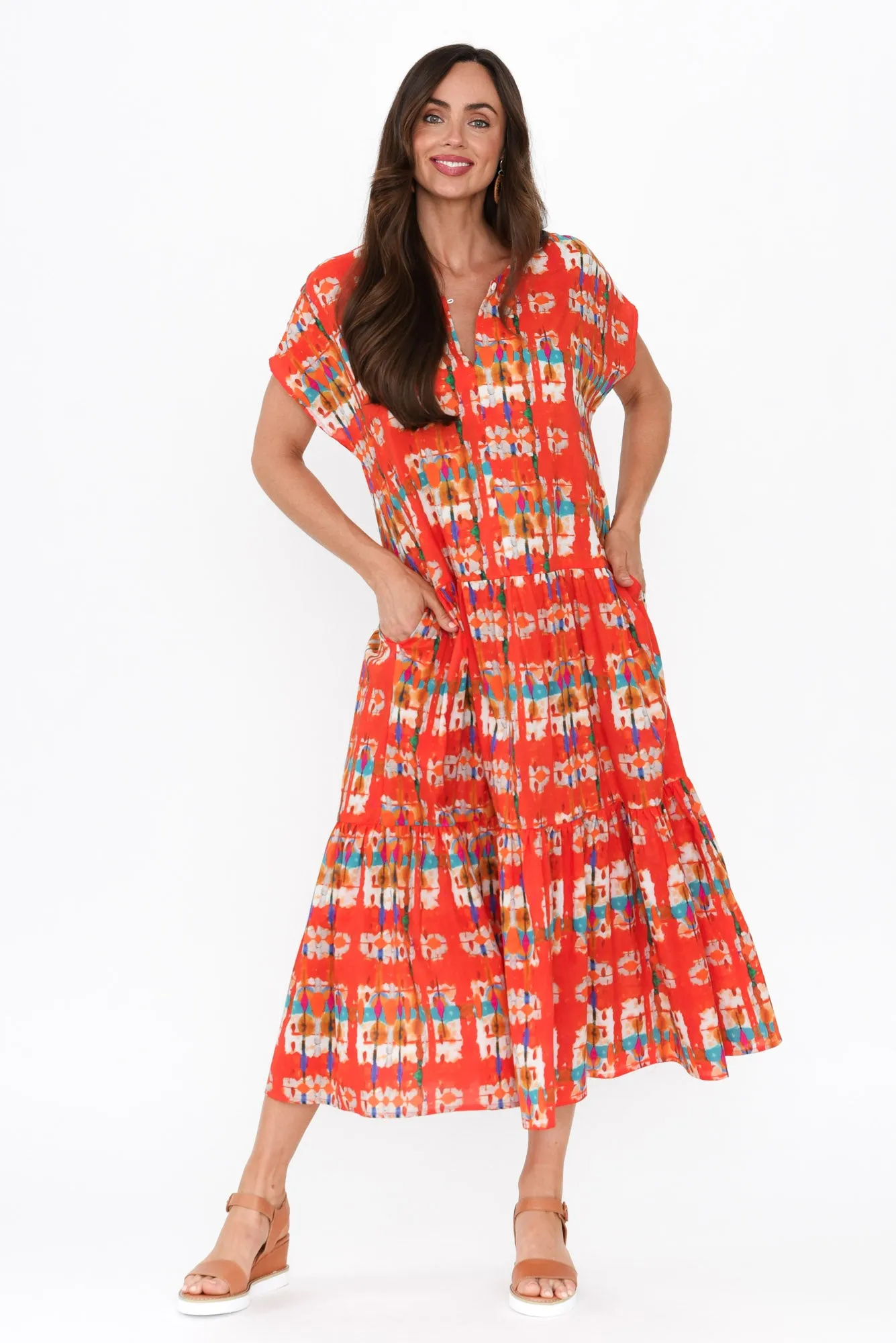 Zaphyra Orange Abstract Crinkle Cotton Dress