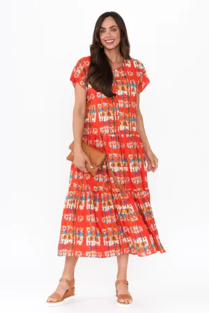 Zaphyra Orange Abstract Crinkle Cotton Dress