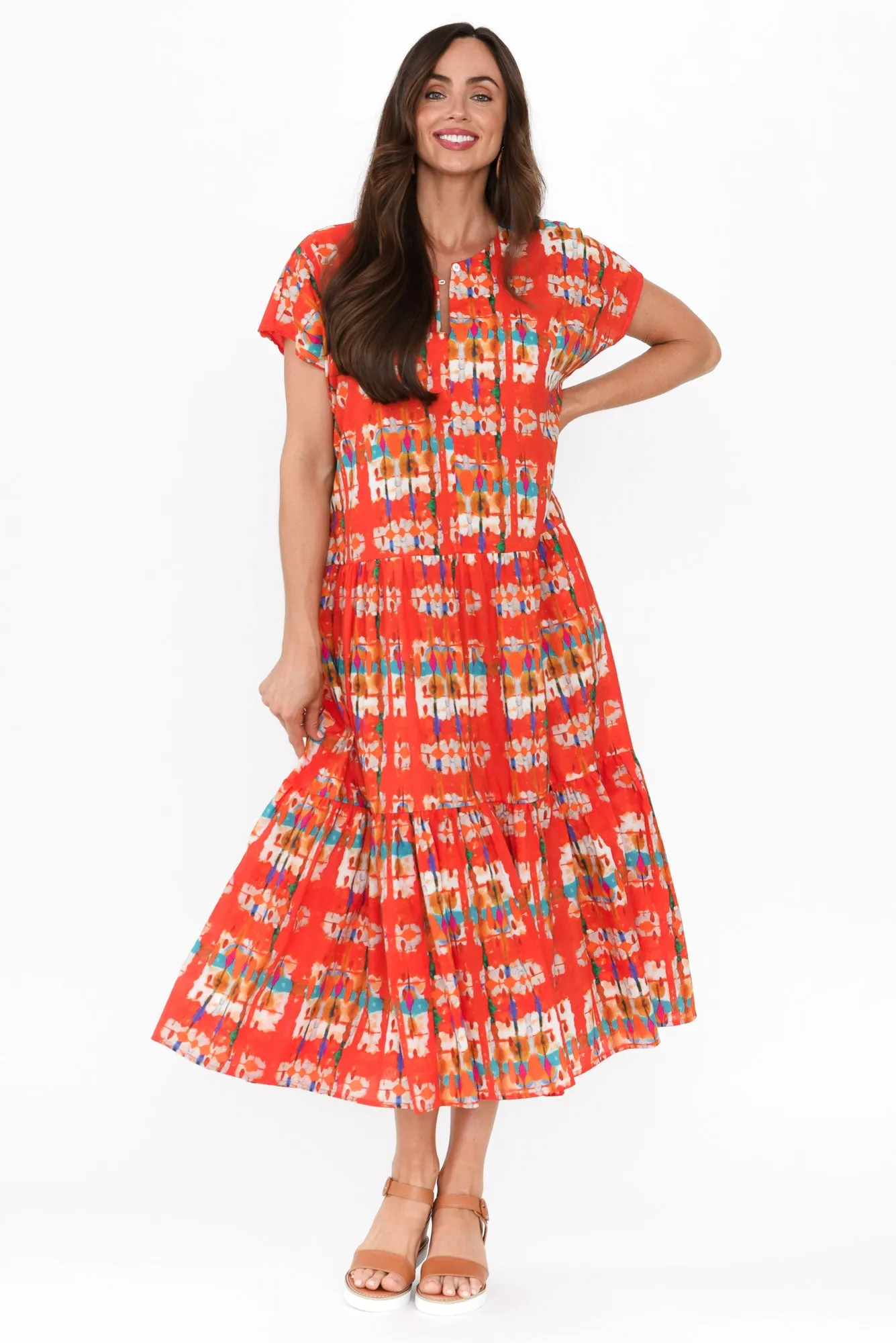 Zaphyra Orange Abstract Crinkle Cotton Dress